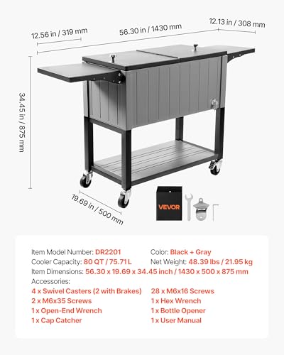 VEVOR 80QT Rolling Ice Chest, Holds up to 50 Bottles / 110 Cans, Portable Patio Party Bar Drink Cooler Cart with Bottom Sh...