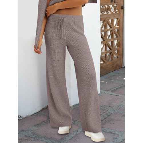 ANRABESS Women Two Piece Outfits Sweater Sets Lounge Waffle Knit Pullover Matching Wide Leg Pants Tracksuit 2025 Fall Fashion