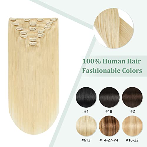 Hair Extensions Clip in Real Human Hair 14 inch Bleach Blonde Clip in Hair Extensions 105g Straight Thick Double Weft Natural Human Hair Extensions for Women (14inch,7pcs, 105g)