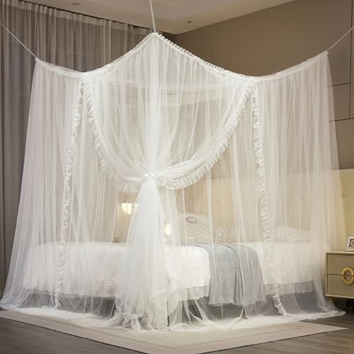 NXGIO 4 Corners Post Princess Curtain Bed Canopy Lace Up Double Layer 4 Opening Mosquito Net Mesh for Girls Bedroom Decora...