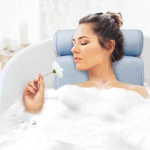 LuxStep Bath Pillow Bathtub Pillow with 6 Non-Slip Suction Cups,14.6x12.6 Inch, Extra Thick and Soft Air Mesh Pillow for Bath - Fits All Bathtub, Blue