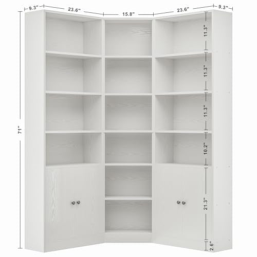 IRONCK Corner Bookshelf and Bookcase with 2 Storage Cabinets and 7 Tier Shelves, 71" Height Storage Shelves Corner Combination, White
