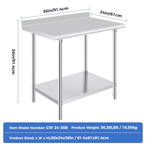 OSTBA Stainless Steel Table for Prep & Work 24x36 Inches with Backsplash, NSF Metal Commercial Heavy Duty Table with Adjustable Undershelf and Foot for Restaurant Kitchen Home and Hotel