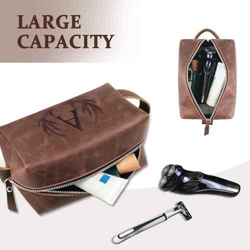 Personalized Toiletry Bag for Men Engraved Initial Cool Gifts for Dad Husband Boyfriend Grandpa Son PU Leather Waterproof Shaving Bag for Toiletries Accessories Travel Essentials (A)