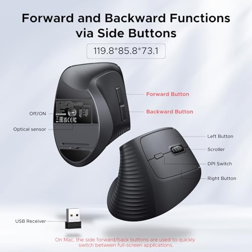 UGREEN Ergonomic Mouse, Wireless Bluetooth Vertical Mouse, Dual-Mode (BT 5.4 & USB 2.4G), Quiet Clicks, 4 Adjustable DPI (...