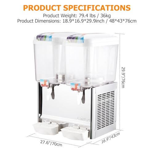 Dual 18L Commercial Beverage Dispenser with Mixer & Infuser, 9.5 Gallon Stainless Steel Refrigerated Juice Machine with Ic...