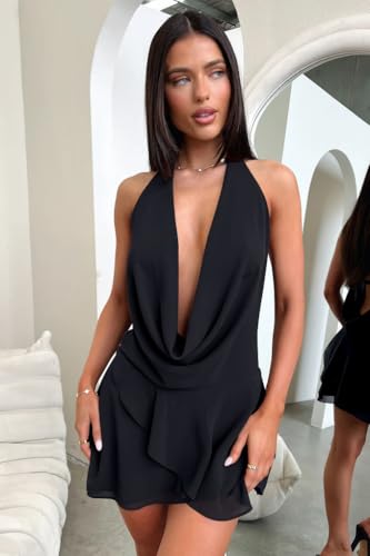 GOKATOSAU Women's Sexy Halter Plunge V Cowl Neck Low Open Back Irregular Ruffle Hem Mini Dress
