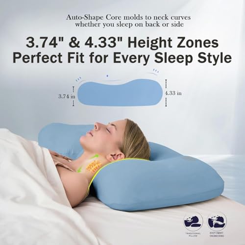 HighBeds Cervical Neck Pillow for Memory Foam โ Soft Ergonomic Side Sleeper Pillow for Neck Pain Relief, Ice Silk Zipperle...