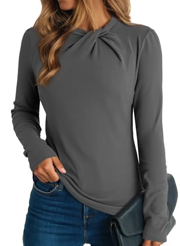 Dokotoo Womens Tops Business Casual Outfits Long Sleeve Shirts Mock Neck Twist Knot Slim Fit Soft Stretch Tees Blouses