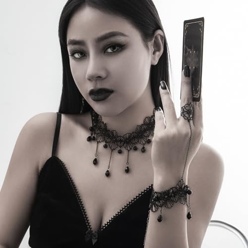 Bestleey Gothic Layered Lace Choker Necklace Earrings Set for Women,Vintage Black Crystal Tassels Necklaces Earrings Set Statement Punk Style Necklaces Earring Halloween Dark Vampire Jewelry (Black1)