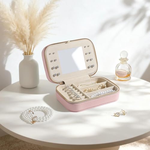 NGVRC Genuine Leather Travel Jewelry Organizer Case with Mirror for Women, Small Mini Portable Jewelry Box for Ring Earrings Necklace Bracelet Luxury Gift for Women(Pink)