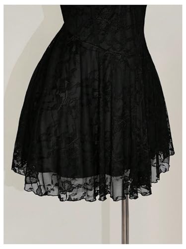 BEAUDRM Women's Plus Size Y2k Floral Gothic Dress Mesh Lace Goth A Line Mini Dresses Grunge Ruched Short Cami Sundress