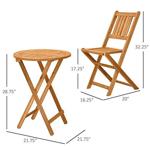 Outsunny 3-Piece Acacia Wood Bistro Set, Folding Patio Furniture with 2 Folding Chairs and Round Coffee Table, Teak, Slatt...