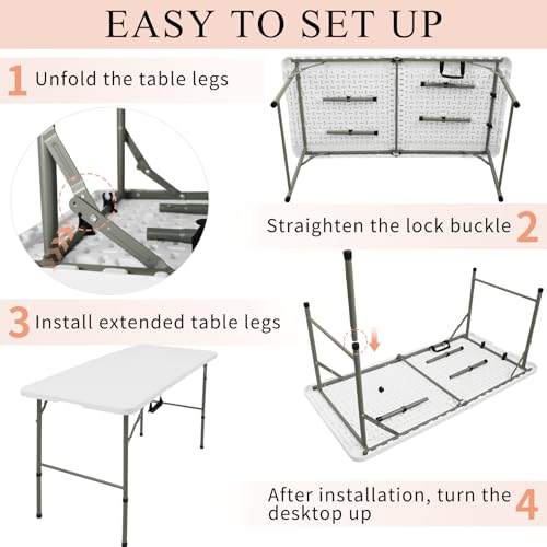 JALANCY Folding Tables with Carrying Handle Lightweight Rectangular Portable Plastic Camping Table Steel Legs for Party, D...