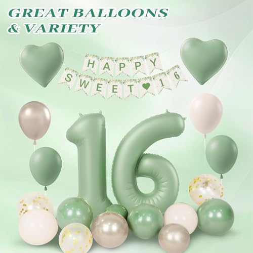 73pcs Sweet 16 Party Decorations, 16 Birthday Decorations with 16th Birthday Banner 16 Balloon Number Fringe Curtain Sage ...