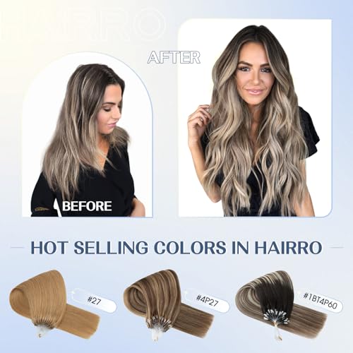 Hairro Microlink Human Hair Extensions Remy Highlight Pre Bonded Cold Fusion Keratin Glue T Tip Hairpieces For Women 22 Inch 50g 50 Strands #1BT4P60 Natural Black to Medium Brown&Platinum Blonde