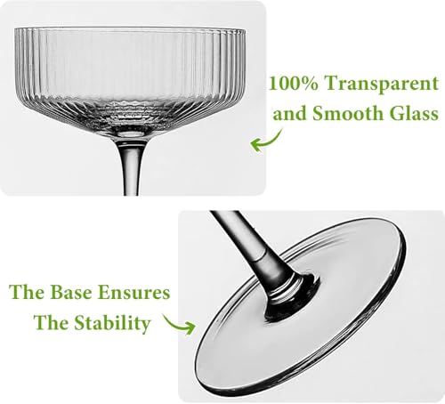 4 Pcs Ribbed Coupe Glasses, 10 oz Large Vintage Martini Glass Set, Unique Margarita Glass, Classic Cocktail Galssware, Rib...