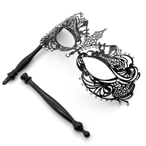 Thmyo Venetian Halloween Mardi Gras Party Mask with Holding Stick, Carnival Handheld Metal Feather Rhinestone Masquerade Mask