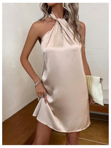 Floerns Women's Pearl Beaded Halter Twist Sleeveless Tie Back Dress A Line Dress