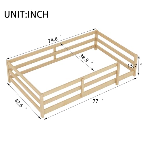 OYN Twin Floor Bed, Montessori Bed Frame with High Fence, Pine Wood Montessori Floor Bed for Kids, Girls, Boys, Natural