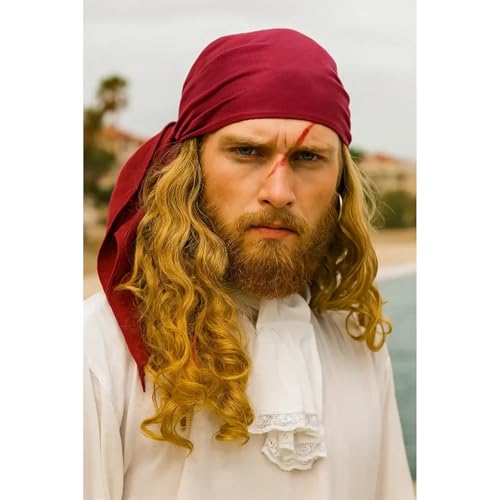 ThePirateDressing Large Linen Triangle Pirate Bandana–Oversized Headpiece for Adult Men Women–Halloween Medieval Costume Bandana Scarf Durag Accessory-Red