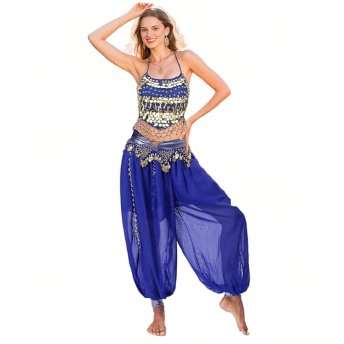 Nabolan Women‘s 2 Pcs Belly Dance Costume Set Belly Dance Banadge Top with Tribal Harem Lantern Coin Pants for Rave Party
