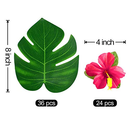 60Pcs Tropical Party Decorations Supplies Tropical Palm Leaves Hibiscus Flower Simulation Artificial Leaf for Hawaiian Lua...