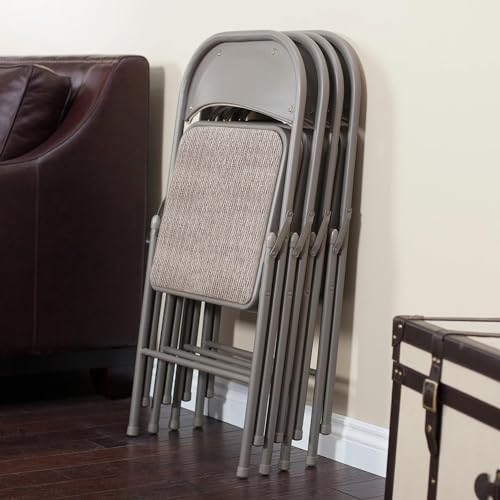 MECO 4-Pack Steel Frame Folding Dining & Event Chairs, Chicory Lace Motif Upholstery, Beige - Foldable Seating with Cushio...