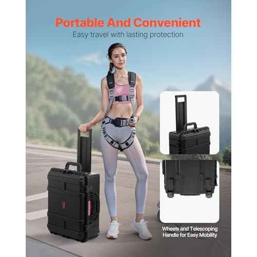VEVOR Weatherproof Hard Case, Heavy Duty Protective Dry Box with Pre-Cut Foam, Wheels & Retractable Pull Handles for Travel, Hunt, Military, Tactical, IP67 Waterproof Case for Cameras(57x45x28)