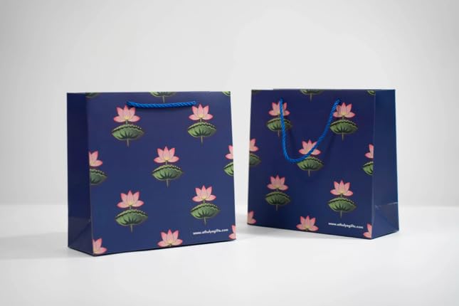 Gift Bags Bulk, 10 Pcs Gift Bags, Luxury Bag with Handles for Anniversary Presents Wedding Engagement Party, Pichwai Lotus Design Bags, Large Size, 10 x 9.8 x 4 inches, 10 Pack, India Return Gifts