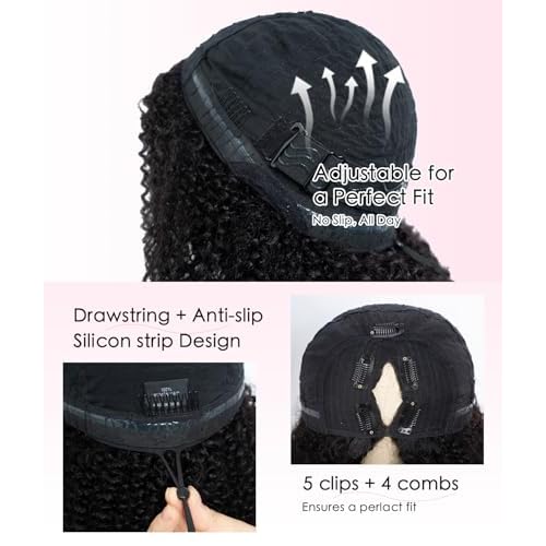 QUEEN VIRGIN REMY QVR Lace V-Part Wig Human Hair Kinky Curly No Leave Out V Shape Full Head Clip In Half Wig with Drawstring Natural Black Curly U Part Human Hair Wig for Black Women 14 Inch