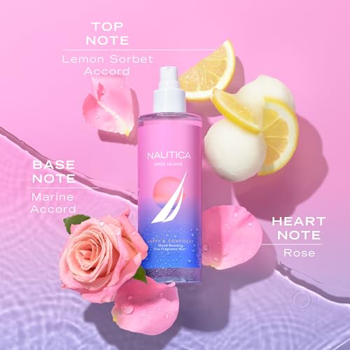 Nautica for Her Rose Island Body Mist, 8.4 Fl Oz (Pack of 1), Notes of Lemon, Rose, and Musk, Women's Fragrance, Long Lasting, Mood-Boosting Fragrance, Vegan Formula