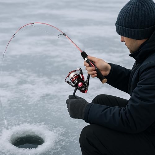 WIDDEN Ice Fishing Rod and Reel Combo, 27" Medium Light Spinning Ice Fishing Pole, Gear with Tackle Box Kit, Line, Lures f...