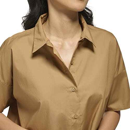 Calvin Klein Womens Poplin Hi Lo Short Sleeve Button Down Blouse