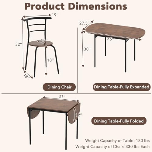GOFLAME 3-Piece Drop Leaf Dining Table Set, Extendable Kitchen Breakfast Table with 2 Chairs, Space Saving Folding Dining ...