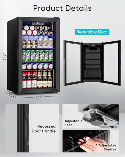 Feelfunn 3.2 Cu.Ft Mini Fridge with Glass Door - 126 Can Beverage Refrigerator Cooler for Drink Beer Wine Soda, Small Frid...