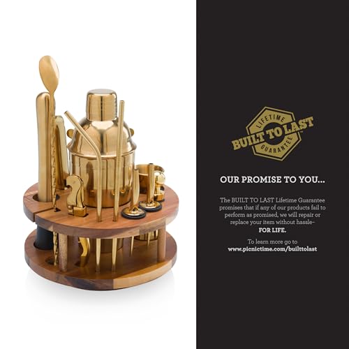PICNIC TIME Carousel 13-Piece Bar Tool Set, Cocktail Shaker Set, Mixology Bartender Kit with Lazy Susan Stand, (Acacia Woo...