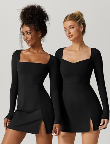 QINSEN Womens Square Neck Bodice Dress Long Sleeve Side Slit Flare Mini Dresses