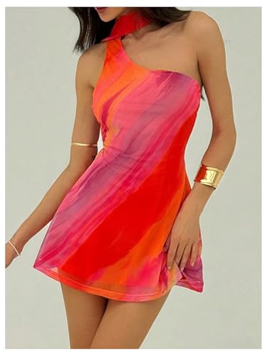 MakeMeChic Women's Summer Y2k Mini Dress Backless Vacation Dress One Shoulder Mesh Dress with Scarf