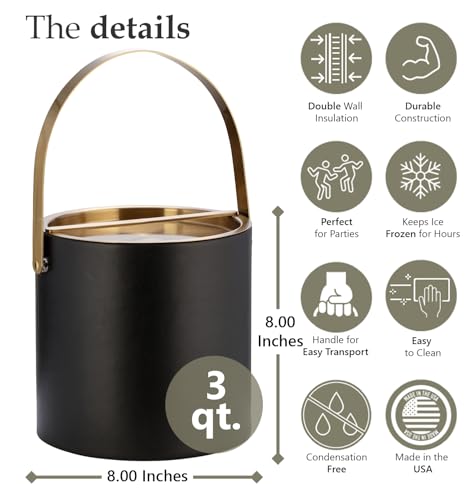 Kraftware SANTA BARBARA 3 Quart Ice Bucket with Brushed Gold Arch Handle & Bridge Cover: Black