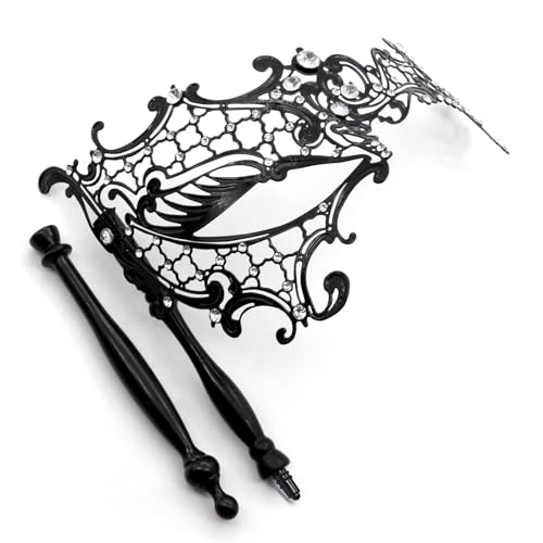 Thmyo Venetian Halloween Mardi Gras Party Mask with Holding Stick, Carnival Handheld Metal Feather Rhinestone Masquerade Mask