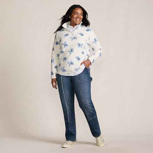 Lands' End Womens Fleece Quarter Zip Pullover Print Ivory/Clear Blue Tossed Floral Plus 3X