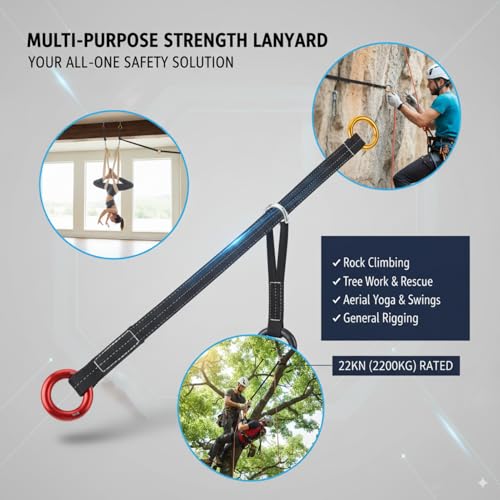Yulatik 22KN Climbing Rope - Double-Woven Polyester Rescue Belt Tree Climbing Lanyard with 2 Anodized Rings for Arborists,...