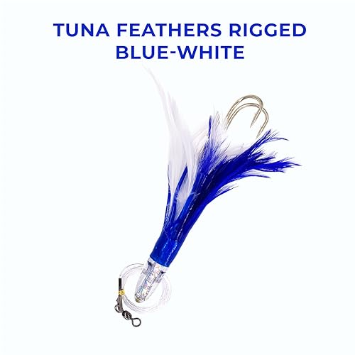6” Sanhu Tackle Premium Tuna Feathers, 6 Pcs Blue/White Rigged, Saltwater Fishing Lures for Trolling