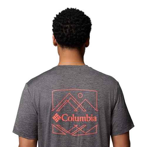 Columbia Mens Kwick Hike Back Graphic Short Sleeve Tee, Black Heather/Linescape, Medium