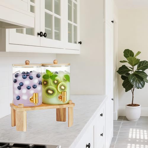 2 Pack Drink Dispenser with Wood Stand, Glass Beverage Dispenser with Spigot and Labels, Glass Water Dispenser for Partie...