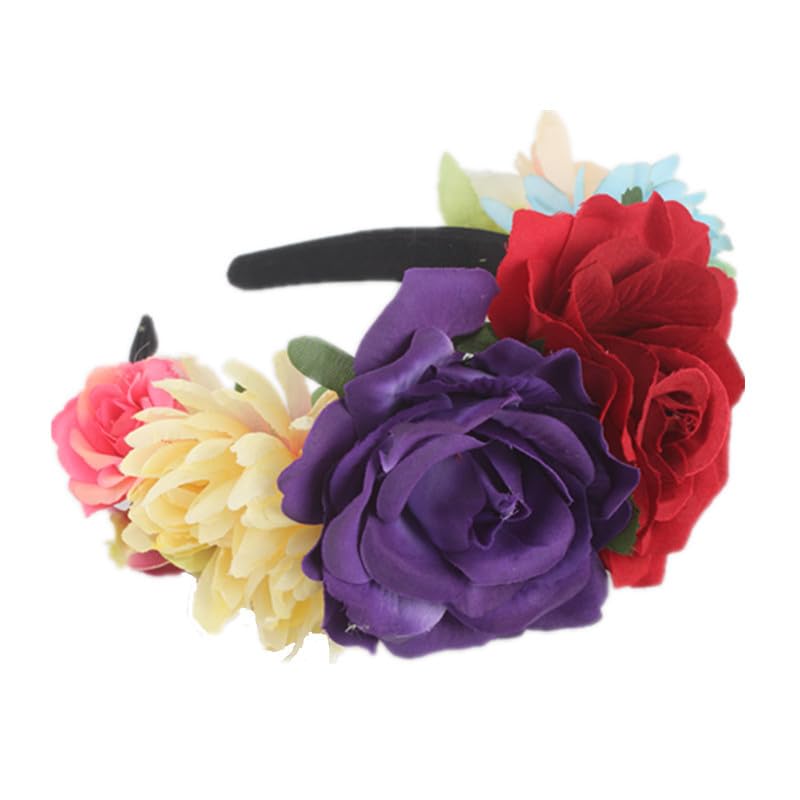 Lofruiin Women's Bohemian Rose Flower Crown Mexican Day of The Dead Headband Halloween Party Costume Headpiece (Dark Purple Red,