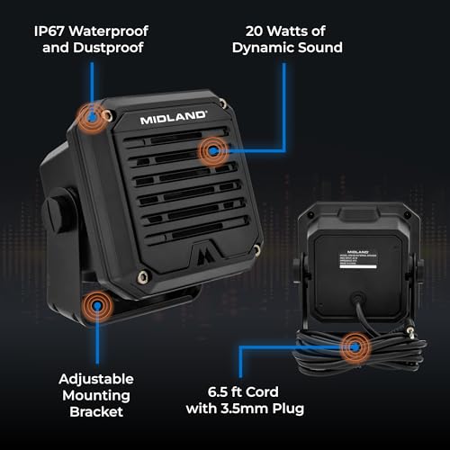 Midland- SPK100 Heavy-Duty 20W External Speaker - 180 Degrees Swivel Base Bracket Works with All CB and MXT Radios 8-OHM Sound System 3.5mm Audio Plug - Easy Installation Waterproof Design