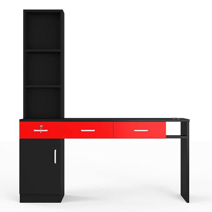 Paddie Barber Salon Station Wall Mount Hair Styling Salon Equipment Set Beauty Spa Furniture Set, Lockable Left Shelf, Mirror not Included (Red & Black)