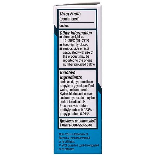 Muro 128 Solution, Temporary Relief of Corneal Edema, Eye Care, Sodium Chloride Hypertonicity Ophthalmic Solution 5%, 0.5 Fl. Oz